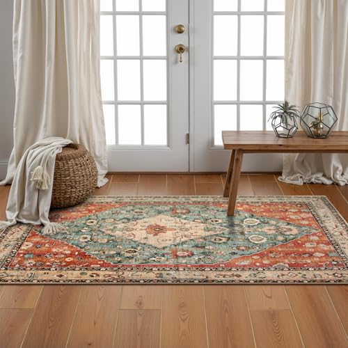 Lahome Boho Tribal 2x4.3 Washable Rug Runners for Hallways Non Slip, Kitchen Bathroom Entryway Carpet Runner, Bohemian Faux Wool Low-Pile Throw Doormat for Laundry Entrance (Rust/Dull Teal,2x4.3ft) - color: Geometric Tribal, size: 2' x 4'4" (Runner)