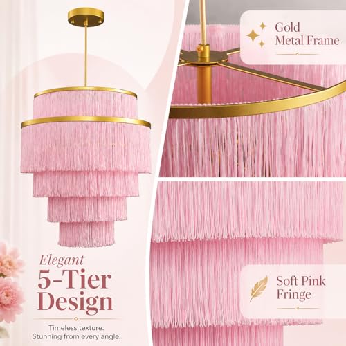 5-Tiered Pink Chandelier,3 Lights Boho Fringe Pendant Light Fixture,Tassle Chandelier for entryway,Dining Room,Baby Nursery,Gold and Pink - color: Pink-Pendant