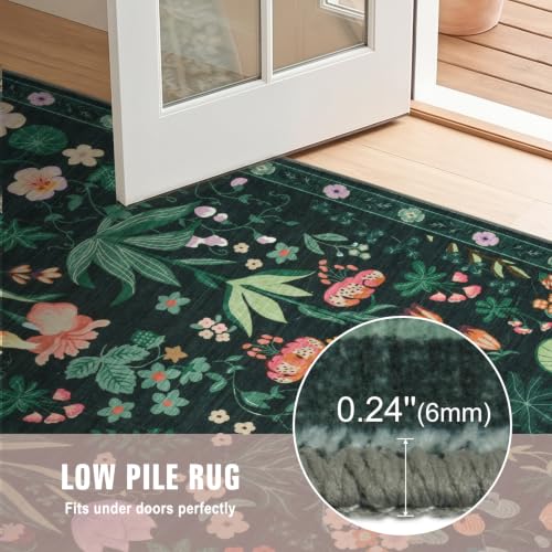 8x10 Area Rugs for Living Room, Machine Washable Rug Vintage Large Soft Boho Floral Rug, Low Pile Non-Slip Indoor Carpets for Bedroom Dining Room Farmhouse Nursery Playroom Home Office, Dark Green - color: Dark Green Floral, size: 8' x 10' (Rectangular)