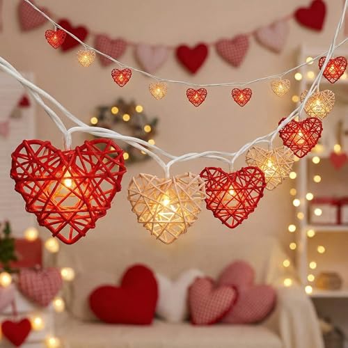 8.5ft Valentine’s Day Heart String Lights Plug in, Vintage Rattan Lights with 10 LED Red Pink Shatterproof Bulbs, Fairy Lights for Indoor Outdoor Home Decor Wedding Party Birthday, Warm White - color: Rattan Red Pink Heart
