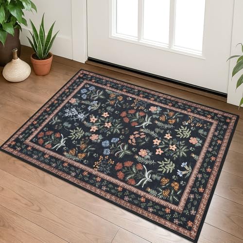 Lansny Boho Entryway Rug 2x3 Washable, Black Navy Floral Kitchen Rug, Super Thin Faux Wool Small Area Rug, Non-Slip Soft Carpet for Foyer, Bedroom, Office - color: Black Navy, size: 2' x 3' (Rectangular)