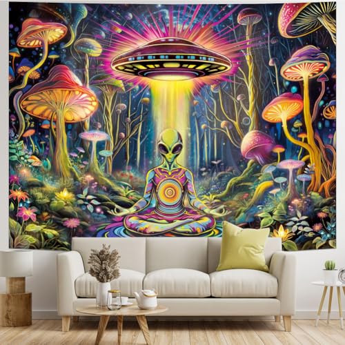 Amonercvita Blacklight Alien UFO Tapestry Neon Mushroom Floral Tapestries UV Reactive Yoga Meditation Tapestry Fantasy Forest Tapestries Wall Hanging Backdrop for Home Decor - size: 70.8"L x 92.5"W