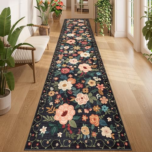DUKINO 2.6x12 Kitchen Runner Rug, Lightweight Floral Washable Rug for Hallway, Boho Low Pile & Non Slip Backing Soft Floor Carpet for Entryway, Bedroom, Bathroom, Laundry, Black - color: Black, size: 2'6" x 12' (Rectangular)