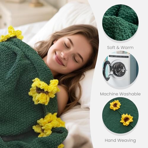 Flower Bouquet Blanket, Birthday Gifts for Mom Teacher Women Grandkids Wife Girlfriend Her, Crochet Flower Blanket, Soft Knitted Throw Blankets for Teacher Appreciation Housewarming Gifts (Sunflowers) - color: C-yellow Sunflowers