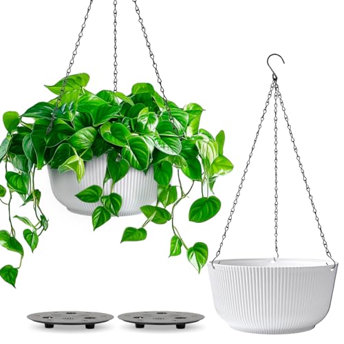 T4U Hanging Planter Self Watering 8 Inch, 2 Pack White Indoor Hanging Plant pots, Hanging Flower Pot with Drainage Hole & Plug & Chain with 3 Hooks for Garden Home Decor - color: White, size: 8 inch