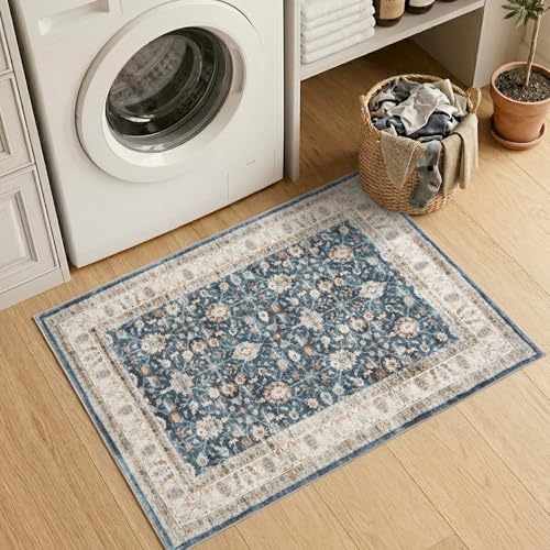 jinchan 2x3 Washable Vintage Floral Rug, Distressed Traditional Entryway Rug, Soft Low-Pile Non-Slip Accent Mat for Indoor Foyer, High-Traffic Kitchen Sink Laundry Room, Blue - color: Oriental Beige on Dark Blue, size: 2' x 3' (Rectangular)