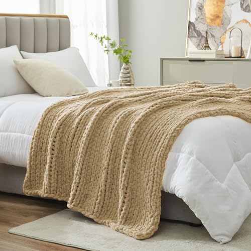 Amélie Home Chunky Knit Throw Blanket for Couch, Soft Chenille Handmade Crochet Throw Rope Knot Blanket for Couch, 50"x60", Beige - color: Beige, size: 50"x60"