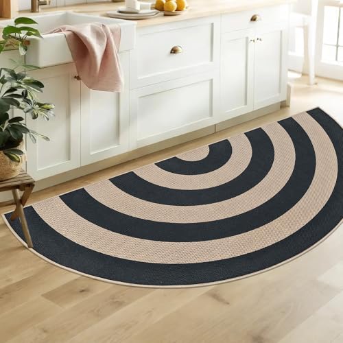 Faux Jute Rug 3x6Ft Half Circle Rainbow Doormat Easy Jute Carpet for Farmhouse Bedroom Kitchen, Non-Slip Half Round Neutral Floor Mat for Living Room Kids Room Indoor Outdoor Decor, Black 2 - color: Black 2, size: 3'x6'