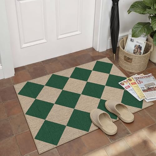 PureCozy 2x3 Checkered Easy Jute Kitchen Front Doormat Non Slip Washable Neutral Area Rug Diamond Non Shedding Low Pile Green Checkerboard Floor Carpet for Farmhouse Entryway Porch Doorway - color: Green|checkerboard-1, size: 2' x 3' (Rectangular)
