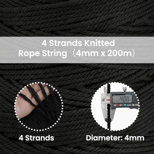 220 Yards Macrame Cord 4 Strand Twisted Recycled Cotton 4mm Black String for Crafts Wall Hangings Plant Hangers DIY Knitting Macrame Supplies - color: Black, size: 4mmx220Yards