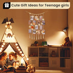 Macrame Hanging Photo Display Boho Wall Decor with String Lights Wooden Beads Garland Picture Frame Collage Holder with 30 Clips for Room, Bedroom, Dorm, Christmas Teenage Teen Girl Gifts (Beige, Medium) - size: Medium