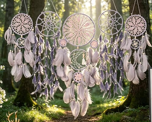 Set of 5 Boho Hanging Large Moon Dream Catchers, Flower Color | Wall Hanging, Vintage Wedding Decor, Home Decorations - color: Flower Color