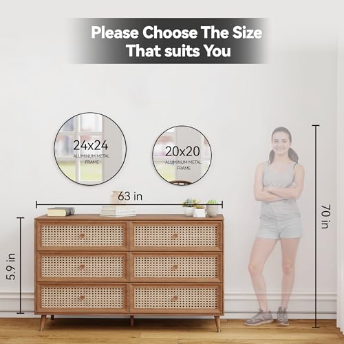 SCWF-GZ 20" Round Mirror Circle Wall Mounted Hanging or Against Wall Metal Frame Dressing Make-up Mirrors for Entryway Bedroom Bathroom Living Room 20 inch Black - color: Black, size: 20"L x 20"W
