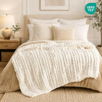 Battilo Chunky Knit Throw Blanket for Couch, Hand Made Chenille Throw Blanket, Super Soft Warm Cozy Cream White Blanket for Bed, Sofa, Living Room, 50"x60" - color: Cream White