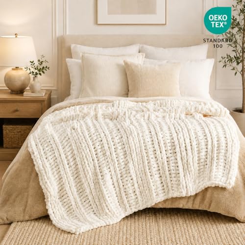 Battilo Chunky Knit Throw Blanket for Couch, Hand Made Chenille Throw Blanket, Super Soft Warm Cozy Cream White Blanket for Bed, Sofa, Living Room, 50"x60" - color: Cream White