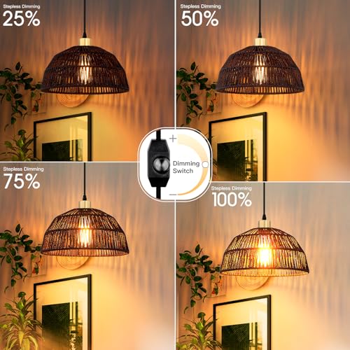 Cinkeda Plug in Pendant Light, Hanging Lights with 15ft Cotton Cord & Stepless Dimming Switch, Handwoven Hemp Rope Lampshade, Black Rattan Lamp for Dining Room,Hallway - color: Black Rattan 11.8"