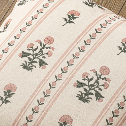 Decorative Vintage Striped Floral Throw Pillow Covers 18x18 Inch Set of 2 Pink Farmhouse Boho Botanical Print Cushion Covers for Sofa Couch Chair Bedroom Living Room Summer Home Decor - color: Pink, size: 18" x 18" (Pack of 2)