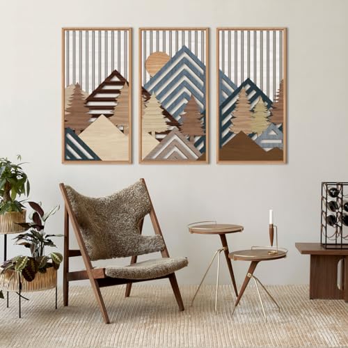 IARTTOP Large Mountain Wood Wall Art 16"x32"x3 Abstract Forest Wall Sculpture Geometric Boho Sunset Wilderness Artwork for Bedroom Living Room Office - color: Brown Framed Mountain, size: 16 x 32 inches