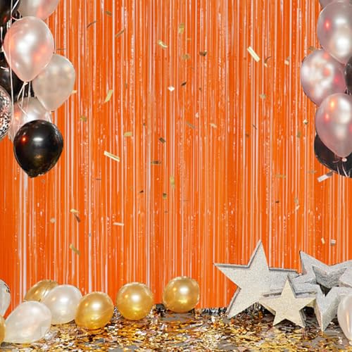 DECOCKRAT 3 Pack Foil Fringe Backdrop - Orange Shiny Tinsel Curtains for Party Decoration/Photo Booth Props - 3.3x8.2 FT Metallic Foil Backdrop for Birthday, Wedding, Graduation, Christmas. - color: Orange