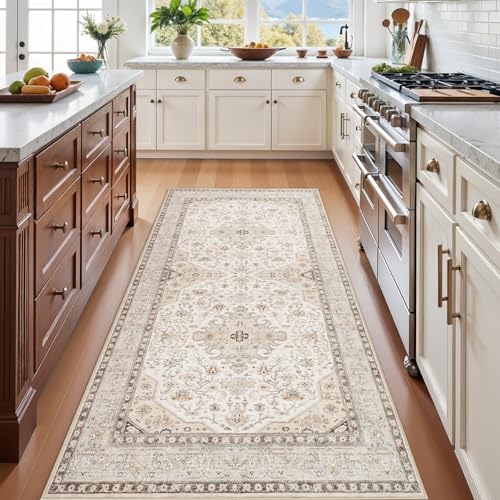 3x7 Rug Runner Washable Kitchen: Non Slip Oriental Rugs for Entryway - Ultra Thin Low Pile Stain Resistant Indoor Carpet - Home Decor for Vintage Style Lover - 3x7 Ivory - color: Ivory, size: 3' x 7' (Rectangular)