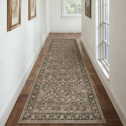 HUGEAR 3x10 Runner Rug Machine Washable Brown Hallway Area Rug Indoor Accent Rug Floral Low Pile Carpet Soft Throw Rug Bedroom Living Room Office Dining Room Kitchen Laundry Room Non Slip - color: Floral | Brown, size: 3' x 10' (Runner)