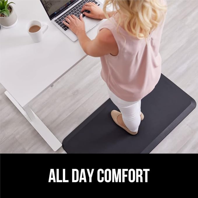 GORILLA GRIP Comfortable Cushioned Kitchen Mats for Floor, 48x20, Waterproof and Stain Resistant Soft Top, 3/4 Inch Thick Ergonomic Standing Desk Anti Fatigue Mat, Foam Supports Ankles and Feet, Black