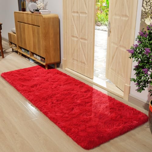 DETUM Red Rug 2x6 Feet - Fluffy Red Runner Rugs for Bedroom Shaggy 2' X 6' Living Room Rug Soft Rugs for Kids Room Non-Slip Nursery Office Dorm Washable Carpets Home Decor - color: Red, size: 2 x 6 feet