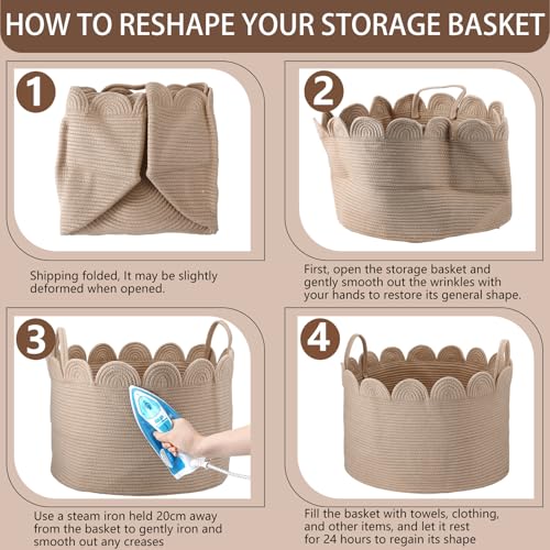 LemonRoad Brown Variegated Round Basket Large Blanket Basket 20"L X 20"W X 13"H Scalloped Woven Baskets Cotton Storage Baskets for Nursery Classroom Closet Blankets Storage Home Decor - color: Brown Variegated, size: 20"L X 20"w X 13"h