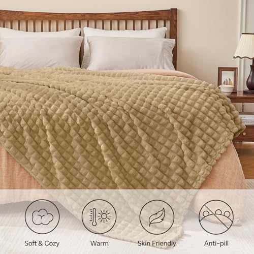 BEDELITE Taupe Throw Blanket for Couch - Super Soft Lightweight 3D Checkered Fluffy Fuzzy Fleece Blanket, Luxurious Plush Cozy Summer Blanket for Room Decor, Gift for Dad, 50"x60" - color: Camel, size: Throw(50"x60")