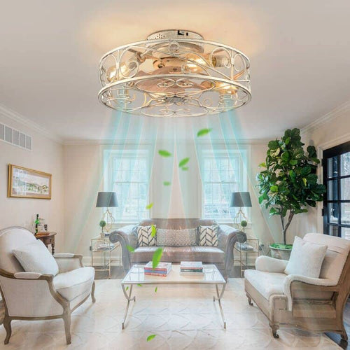 20" Caged Ceiling Fans with Lights and Remote, Bladeless Ceiling Fan 6 Speed Reversible with 4 Bulbs and Remote Control,Flush Mount Caged Ceiling Fan for Bedroom, Living Room, (Include Bulbs) - color: White brushed gold(with light bulb)