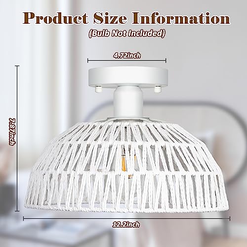 Rattan Ceiling Light Fixtures 2 Packs-White Rustic Woven Basket Flush Mount Ceiling Light, Handmade Wicker Ceiling Lamp, Rattan Chandelier For Kitchen Island, Hallway, Living Room, Bedroom, E26 Base - color: White