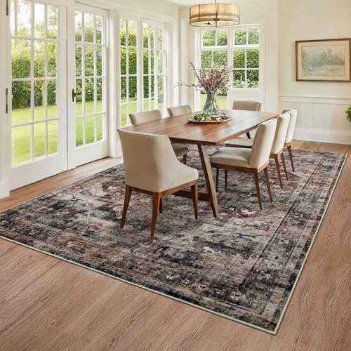 GarveeHome Vintage Area Rug 5x7 Washable Rugs for Living Room Non Slip Floral Distressed Rug Stain Resistant Carpet Farmhouse Rugs for Bedroom Entryway Dining Room Brown - color: Brown, size: 5' x 7' (Rectangular)