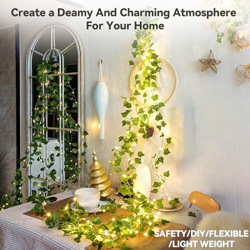 YOUNGAR Ivy Vines with Fairy Lights,Leaf String Warm White Lights Battery/USB Operated,23FT 73LED Fake for Bedroom Wall Room Wedding Birthday Garden Party Wall Room Decor - color: Ivy (Warm White), size: 73 LED-USB/Battery-Copper Wire-1Pack