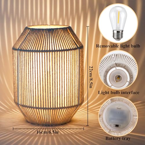 JHY DESIGN Set of 2 Woven Lampshade Table Lamps 8.5" H Cotton Rope Bedside ‌Light‌s Cordless Decorative Battery Operated Lamps with 6 Hours Timer for Bedroom Living Room Weddings Parties Patio - color: 6.5"D Off-white