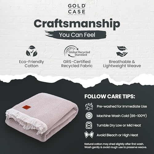 Gold Case Throw Blanket for Bed - 100% Recycled Turkish Cotton Blanket - Elegant Lightweight Soft Throw Blankets for Bed & Living Room - Queen Size Cozy Blankets - 90x90 - Beige - color: Elegant Beige, size: 90x90"