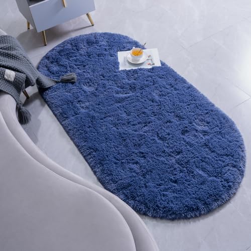 Goideal Fluffy Bedroom Rug, Small Oval Area Rugs, Light Navy Shag Bedside Carpet for Kids Room Nursery Dorm Cute Fuzzy Indoor Decor for Boy and Girl, 2.6 x 5.3 Feet - color: Light Navy