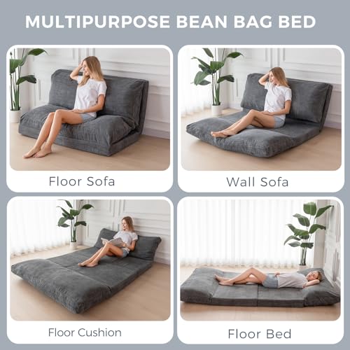 MAXYOYO Folding Sofa Bed, Extra Thick and Long Floor Sofa Convertible Chair with Washable Cover, Floor Couch Lounge Bean Bag Bed for Living Room, Dark Grey, 39x91 Inch - color: Dark Grey, size: Classic Twin