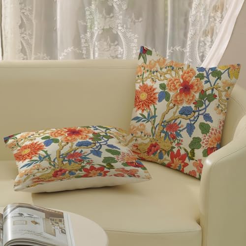 Chinoiserie Throw Pillow Covers 16x16 Inch 2 Pcs Orange Blue Floral Decor Pillow Covers Vintage Flower Spring Summer Outdoor Seasonal Decorative Pillowcase Linen Cushion Cover for Couch - color: Chinoiserie Orange Blue Floral, size: 16" x 16" (Pack of 2)