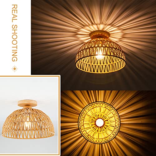 Boho Rattan Ceiling Light Fixtures Boho Lamp Shade Flush Mount Ceiling Light Hand-Woven Small Chandelier Wooden Base Chandelier Light for Hallway Bedroom Kitchen Nursery - color: Brown-Ceiling light