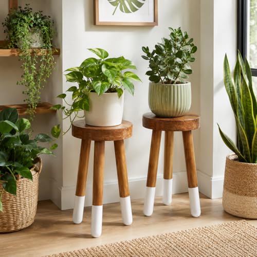 Teak 11.8" Round Dip Dyed Teak Stool | Wood Accent Side Table | Wood Plant Stand (20" Tall White) - color: 20" Tall White