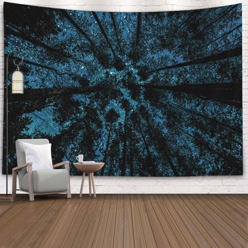 EMMTEEY Forest Tapestry for Bedroom & Ceiling Wall Art - Starry Night Sky with Dark Stars Aesthetic Wall Hanging Décor 80x60 Inch for Dorm Living Room - color: Night Forest, size: 80"L x 60"W