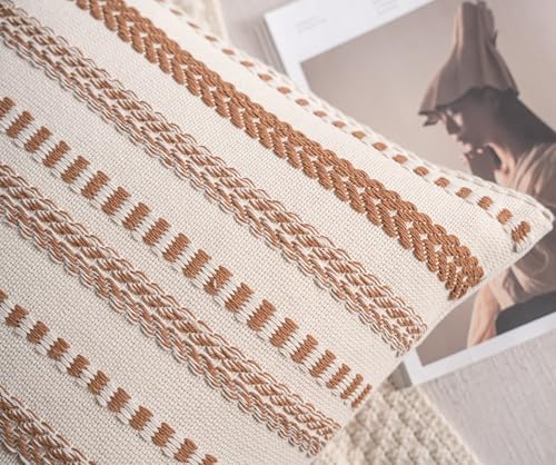 Cethom Brown Boho Throw Pillow Covers 20x20 Inch Set of 2, Stripe Textured Decorative Couch Pillow Cases for Bed, Sofa, Living Room, Bedroom, Farmhouse Home Accent Cushion Covers - color: Brown, size: 20" x 20" (Pack of 2)