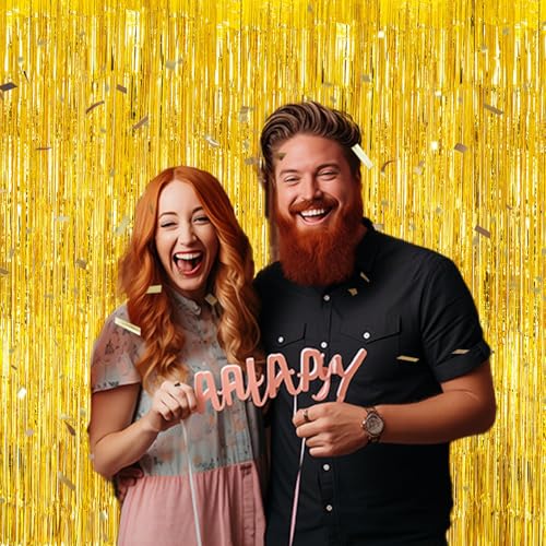 DECOCKRAT 3 Pack Foil Fringe Backdrop - Laser Gold Shiny Tinsel Curtains for Party Decoration/Photo Booth Props - 3.3x8.2 FT Metallic Foil Backdrop for Birthday, Wedding, Graduation, Christmas. - color: Laser Gold