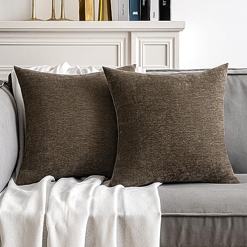 MIULEE Pack of 2 Brown Decorative Pillow Covers 18x18 Inch Soft Chenille Couch Throw Pillows Farmhouse Cushion Covers for Home Decor Sofa Bedroom Living Room - color: Brown, size: 18" x 18" (Pack of 2)