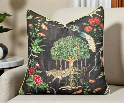 VAGMINE Jungle Wildlife Botanical 20x20 Inch Throw Pillow Cover - Black Green Floral Print on Textured Polyester - Cushion Case for Couch Sofa - Zulu Forest - color: Zulu Forest, size: 20" x 20" (Pack of 1)