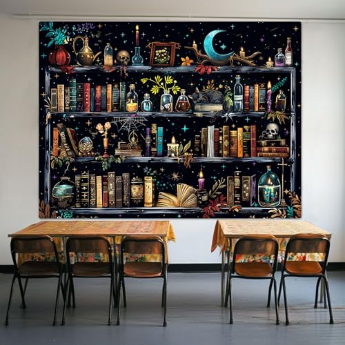 Accnicc Magic Bookshelf Tapestry Magical Witchy Potion Dark Hippie Haloween Tapestries Wall Hanging Gothic Skull Black Cat Library Book Small Tapestry for Bedroom Living Room Dorm 60 x 44 inch - color: Blue, size: 60"L x 44"W