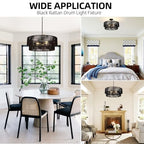Black Boho Rattan Chandelier 23.6'' Hand Woven Chandelier Light Fixture 3-Light Farmhouse Drum Pendant Light for Dining Room Bedroom Kitchen Hallway Foyer - color: 23.6" Black Rattan