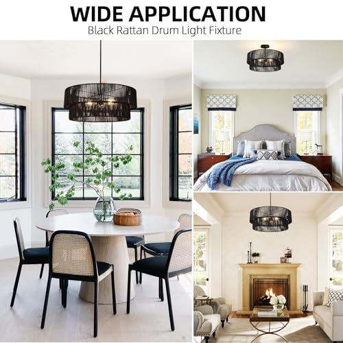 Black Boho Rattan Chandelier 23.6'' Hand Woven Chandelier Light Fixture 3-Light Farmhouse Drum Pendant Light for Dining Room Bedroom Kitchen Hallway Foyer - color: 23.6" Black Rattan