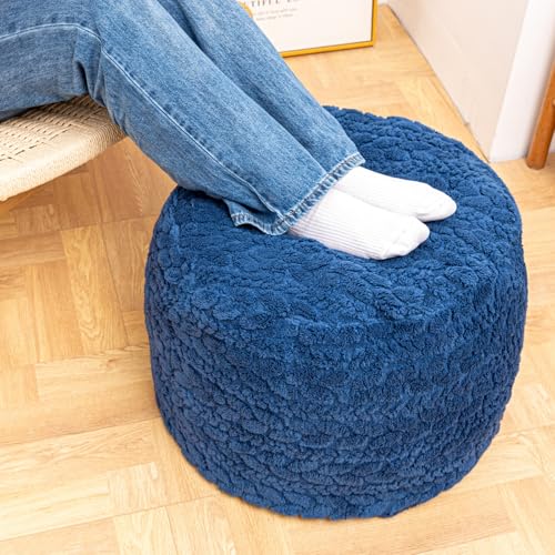 Poofieotto Unstuffed Ottoman Pouf Cover – Round Faux Fur Footstool Plush Floor Pouf (No Filler Included) Perfect for Living Room, Bedroom, or Office Lounge (Navy Blue, 26x26x18 in) - color: Navy Blue, size: 26"D x 26"W x 18"H