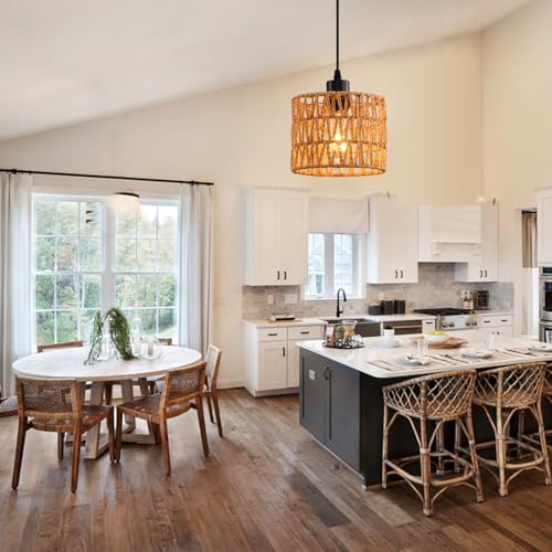 Woven Pendant Light Boho Chandelier, Rattan Pendant Lights Kitchen Island, Farmhouse Pendant Lighting with Hand Woven Wicker Shade, Boho Chandelier Light Fixtures Ceiling Hanging Light - color: 1 Pack Brown